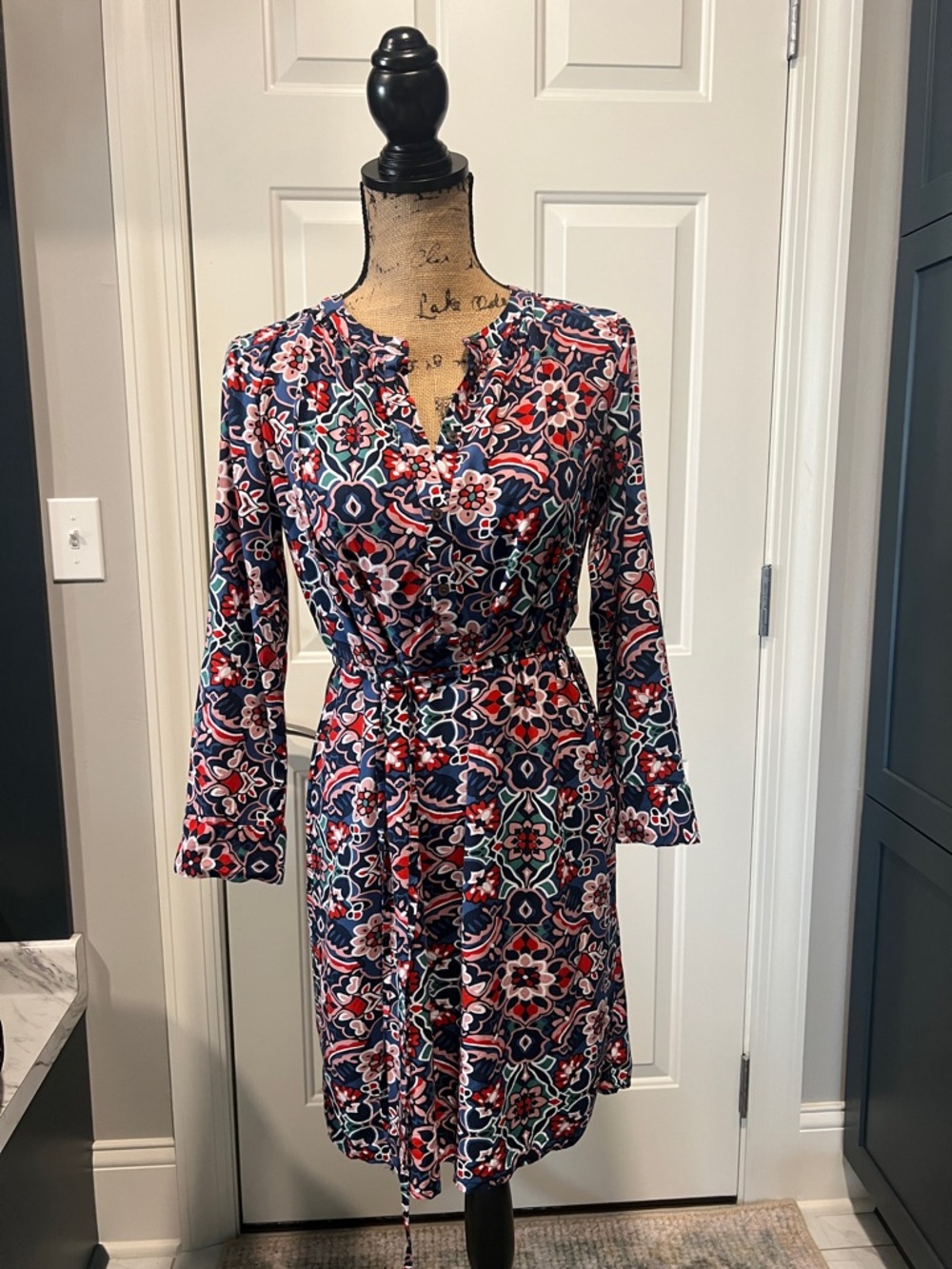 Loft Sz S Floral Pattern Multi-color Tie Waist Dress Maximalist Preppy‎